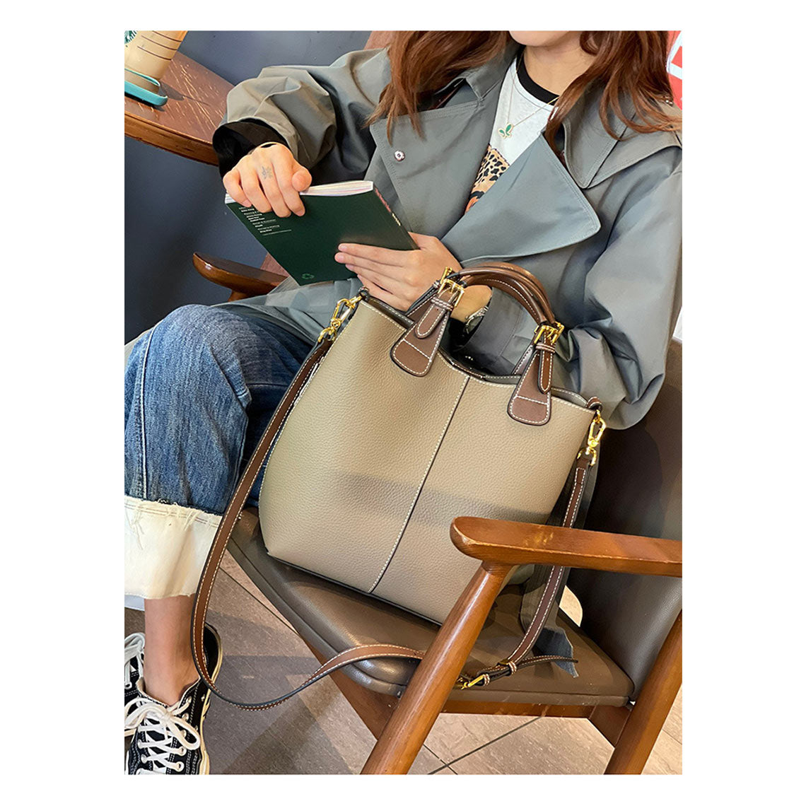 Top Grain Leather Top Handle Bucket Bag - Image 6