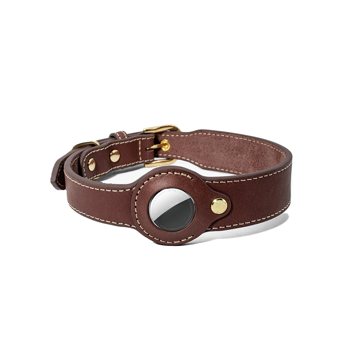 Genuine Leather Dog Collar with Airtag Case – Brown