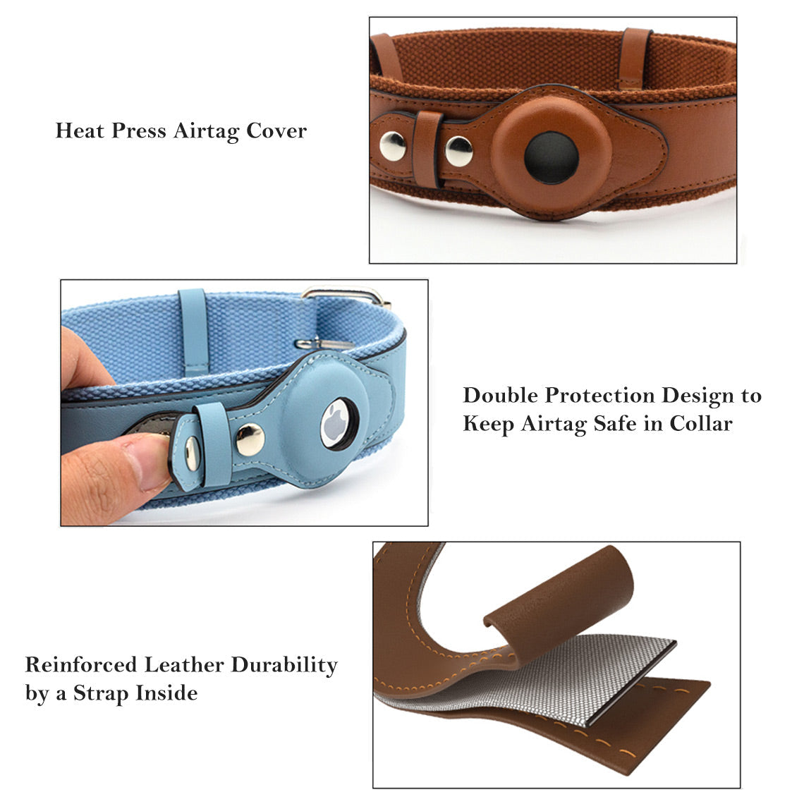 Vegan Leather Dog Collar with Airtag Case - Black & Blue - Image 4