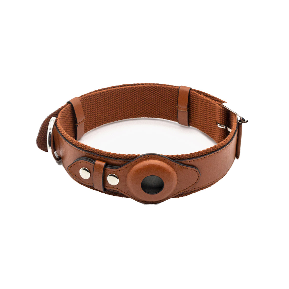 Vegan Leather Dog Collar with Airtag Case – Brown