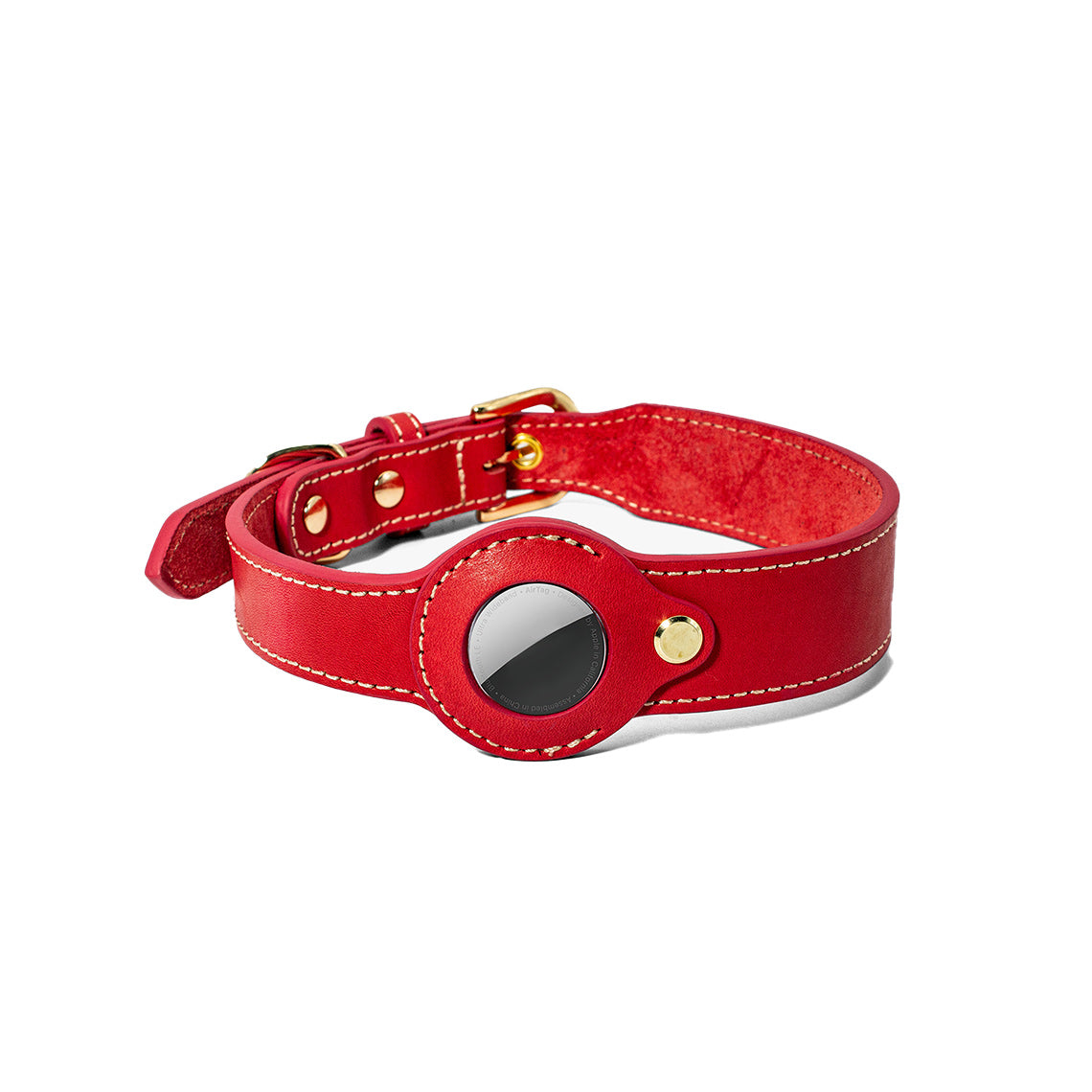 Genuine Leather Dog Collar with Airtag Case – Red