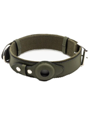 Vegan Leather Dog Collar with Airtag Case - Dark Green