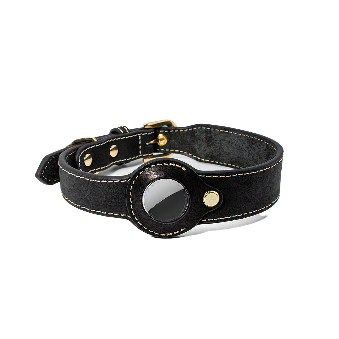 Genuine Leather Dog Collar with Airtag Case – Black