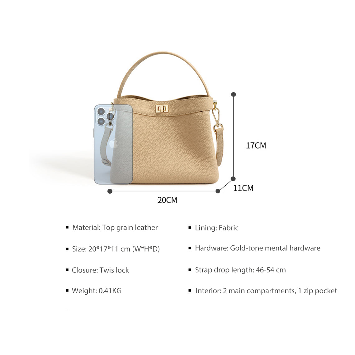 Top Grain Leather Top Handle Small Bucket Bag - Image 5